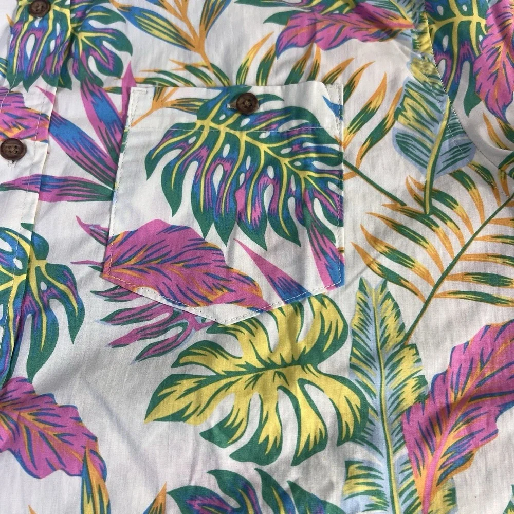 Ron Jon Surf Shop Mens Large Tropical Leaf Button Up Shirt White Pink 6WV1888